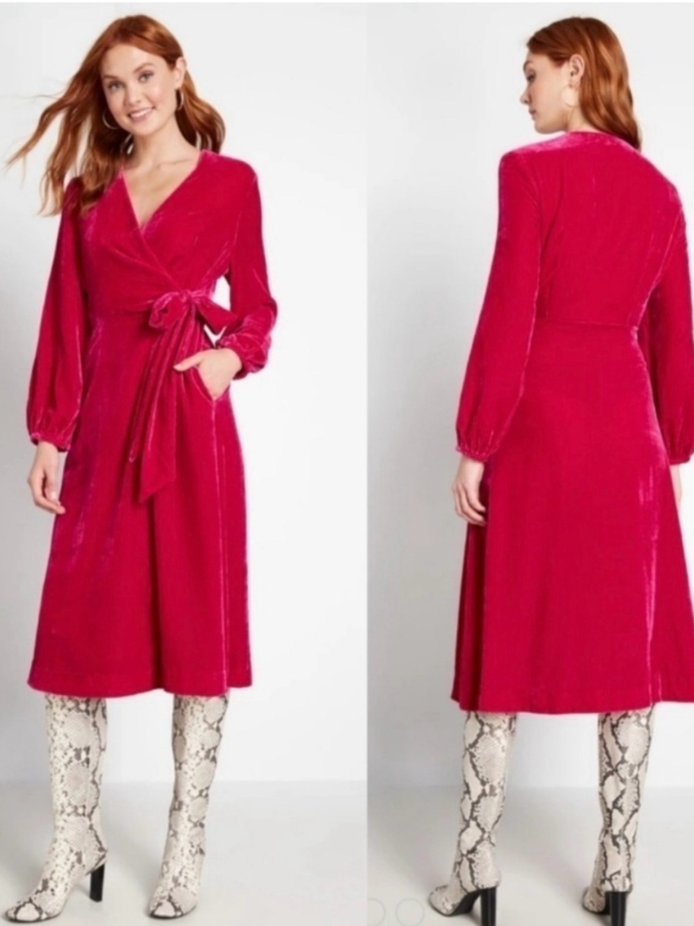 Emily and Fin Fuchsia Velvet Wrap Midi Dress with Tie Waist NWT UK 16/US 12